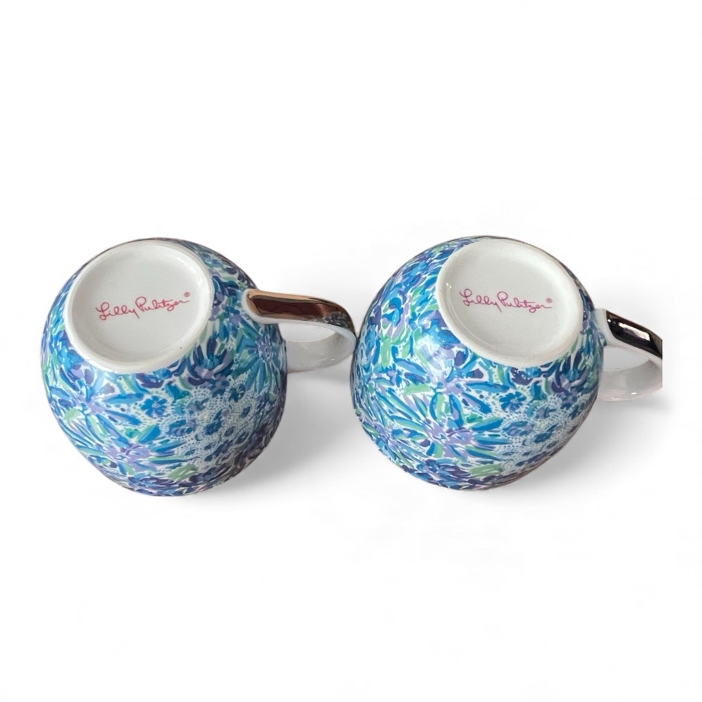 Lilly Pulitzer Mugs 2 Cups Blue White Floral Gold Logo Ceramic Coffee Tea Gifts - Picture 8 of 11